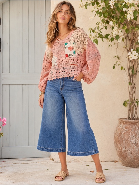 Risen Jeans Denim - 201. RISEN Women’s Blue High-Rise Wide-Leg Cropped Culotte Jeans NEW